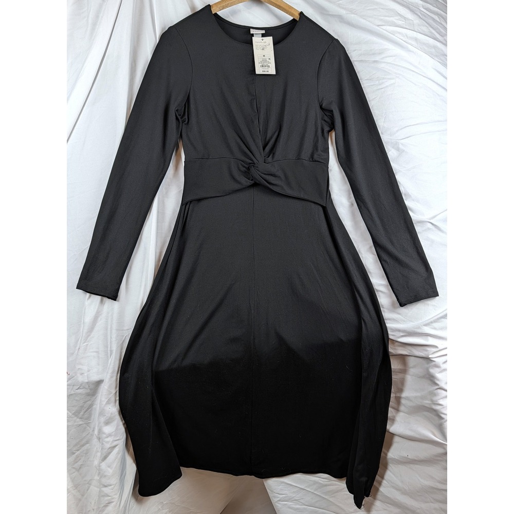 Black Long Sleeve Twist Front Midi Dress Medium NWT Witchy Gothic Whimsy Goth